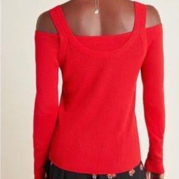 NWT Anthropologie Jamie Open Shoulder Square Long Sleeve Red Knit Top - Picture 2 of 7